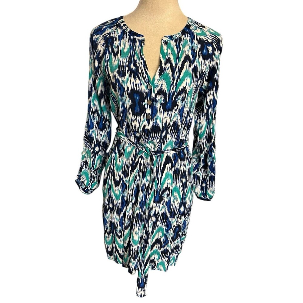 Banana Republic Ikat Rayon Blue Belted 3 Silver Buttons Roll Tab Dress  Sz 2